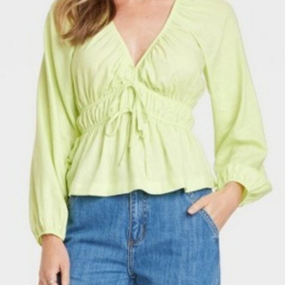 Universal Thred Pastel Babydoll Puff Sleeve Top M Linen Milkmaid Peasant Blouse